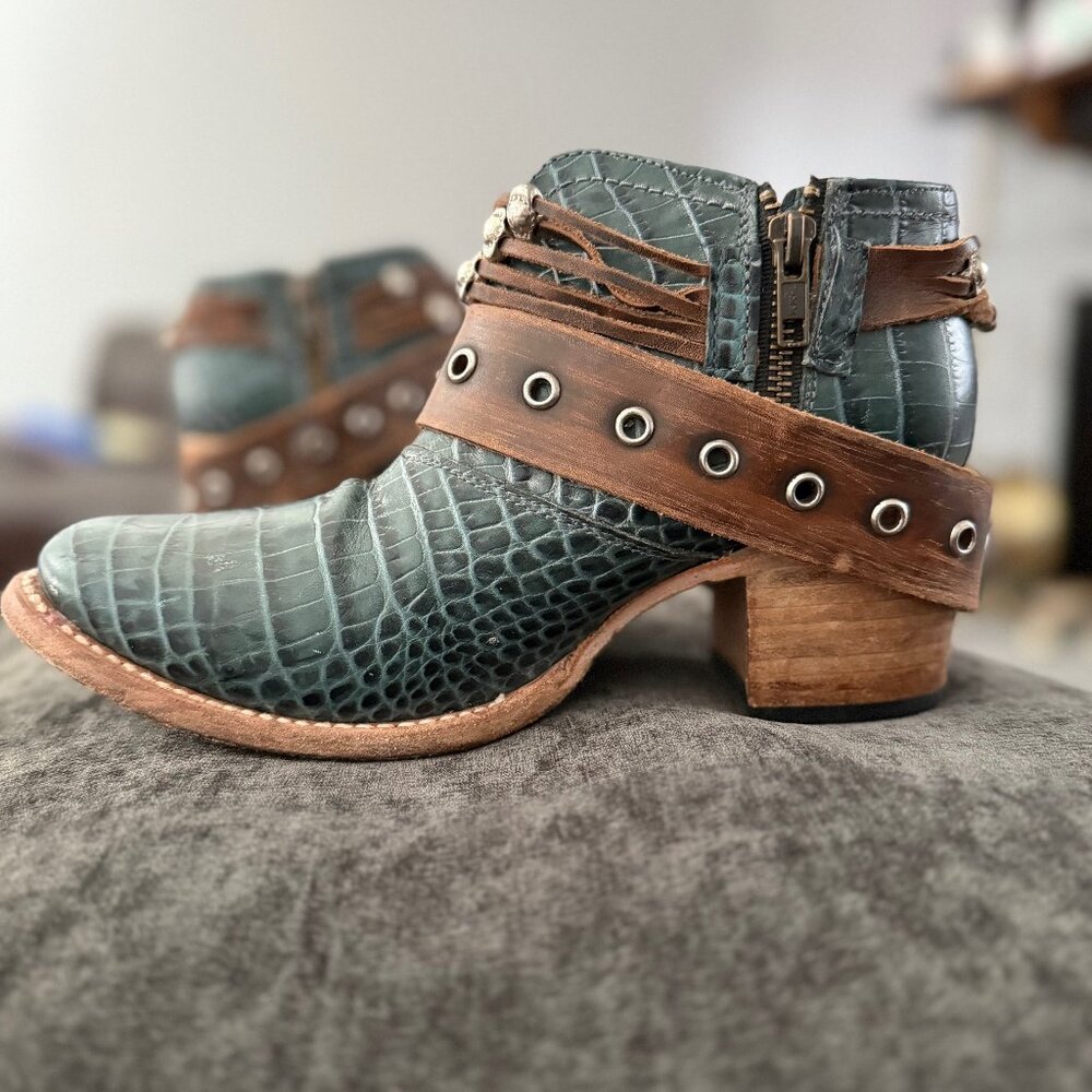 Freebird by Steven Teal Croc-Embossed Ankle Boot with Brown Leather Strap